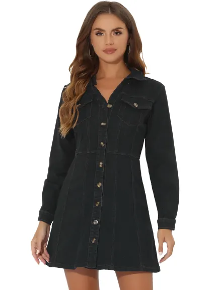 Allegra K- Robe chemise en jean à manches retroussées et col en V