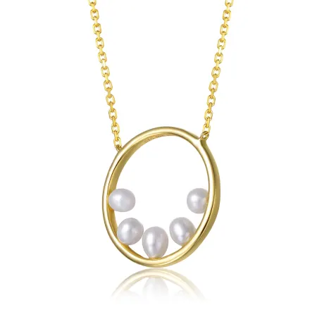 Genevive Sterling Silver 14k Yellow Gold Plated with White Pearl Halo Eternity Circle Pendant Layering Necklace