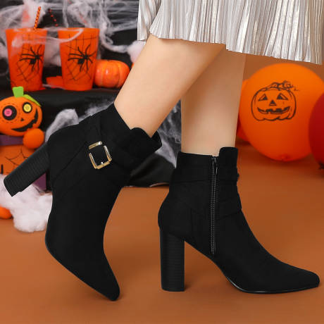 Allegra K- Pointed Toe Buckle Decor Heel Ankle Boots