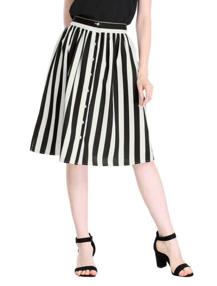 Allegra K - Button A-Line Striped Midi Skirt