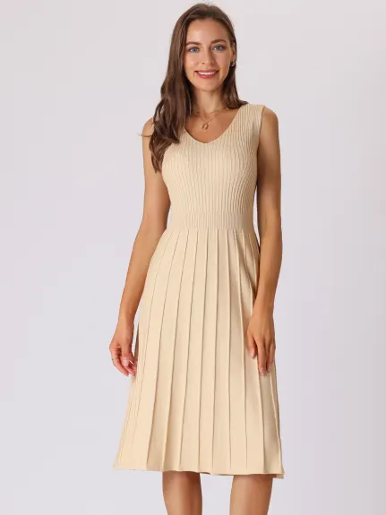 Hobemty- V Neck Knit Pleated Midi Dress