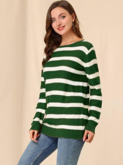 Allegra K- Round Neck Drop Shoulder Loose Striped Tunic Sweater