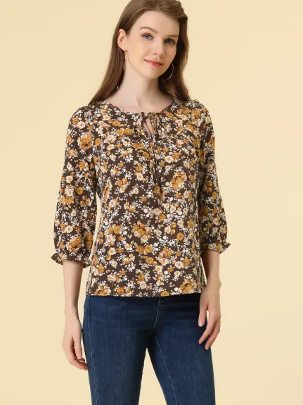 Allegra K- Tie V Neck Ruffled 3/4 Sleeve Floral Blouse