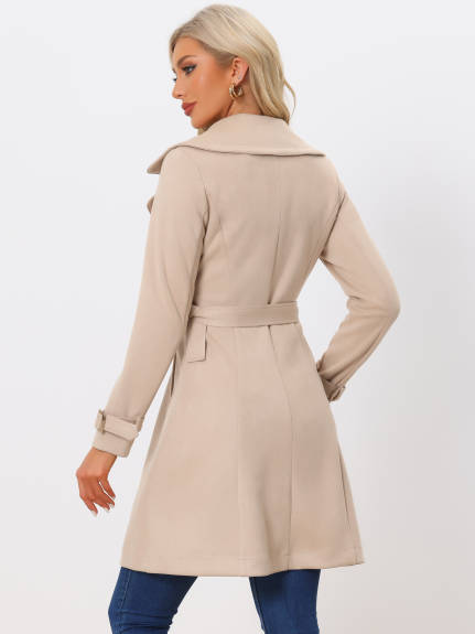 Allegra K- Faux Suede Tie Belt Trench Coat