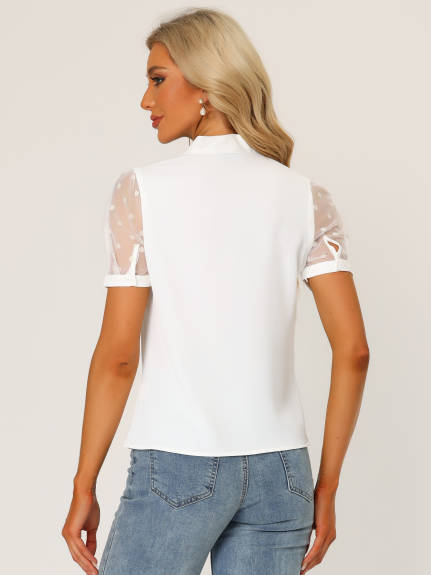 Allegra K- Bow Tie Neck Short Mesh Sleeve Blouse