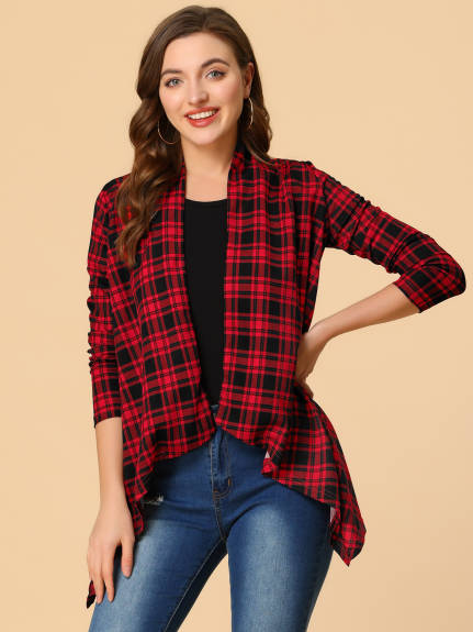 Allegra K- Handkerchief Hem Plaids Open Front Cardigan