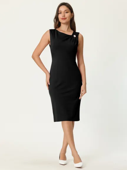 Hobemty- Sleeveless Asymmetrical Ruched Neck Sheath Dress