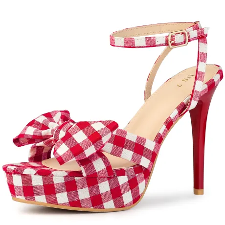 Allegra K- Bow Platform Stiletto Heels Plaid Sandals