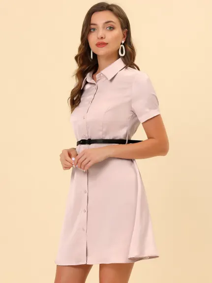 Allegra K- Satin Short Sleeve Button Down Belted Shirt Dress