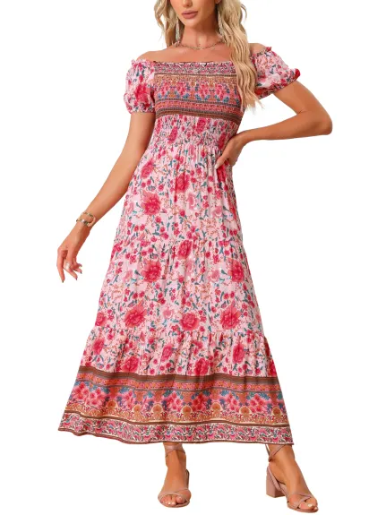 Allegra K- Boho Off-Shoulder Floral Smocked Dress