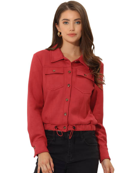 Allegra K- Faux Suede Point Collar Button Up Biker Moto Jacket