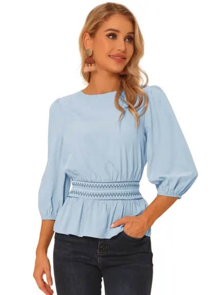 Allegra K- Blouse en Peplum manches 3/4 taille Smocked