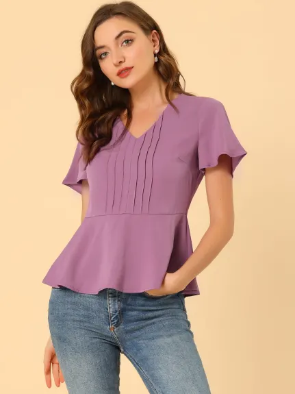 Allegra K - Chiffon V-Neck Pleated Peplum Top