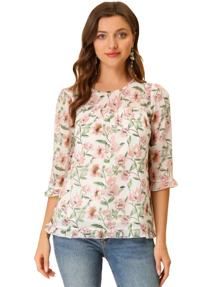 Allegra K- Floral Ruffled 3/4 Sleeve Chiffon Blouse