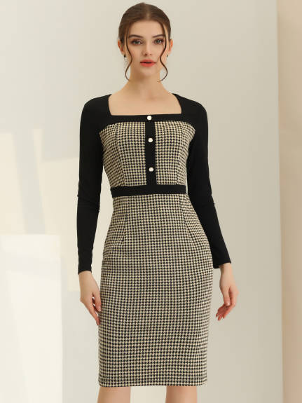 Allegra K- Bodycon Square Neck Contrast Color Plaid Houndstooth Dress