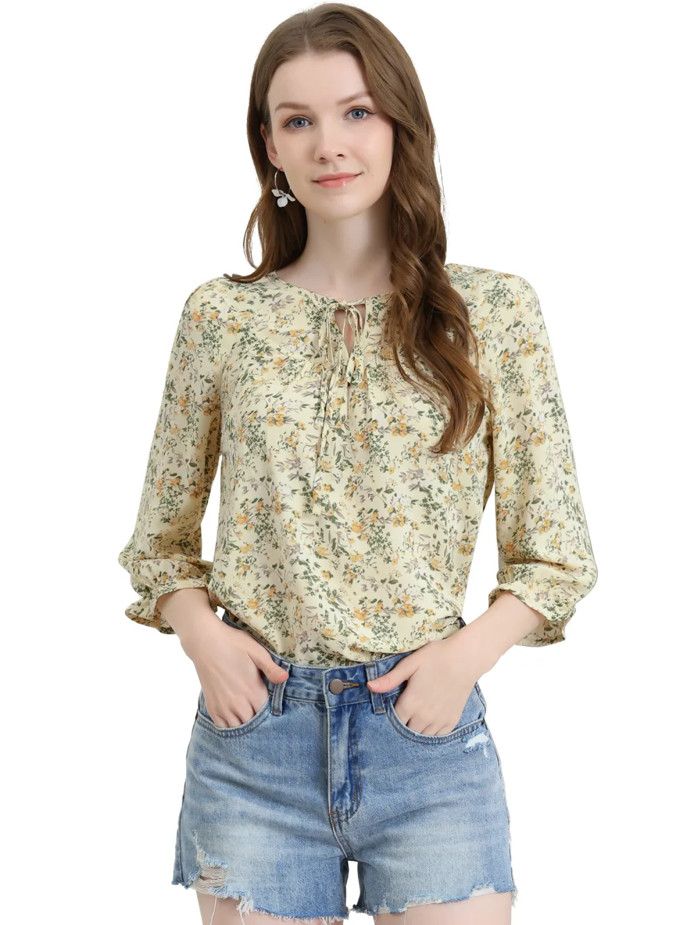 Allegra K- Tie Blouse florale à manches 3/4 et col en V