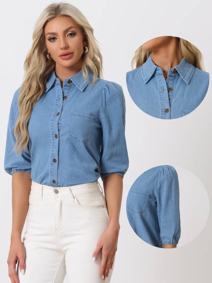 Allegra K- Denim 3/4 Puff Sleeve Collar Shirts