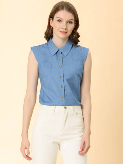 Allegra K- Cap Sleeve Turn Down Collar Shirt