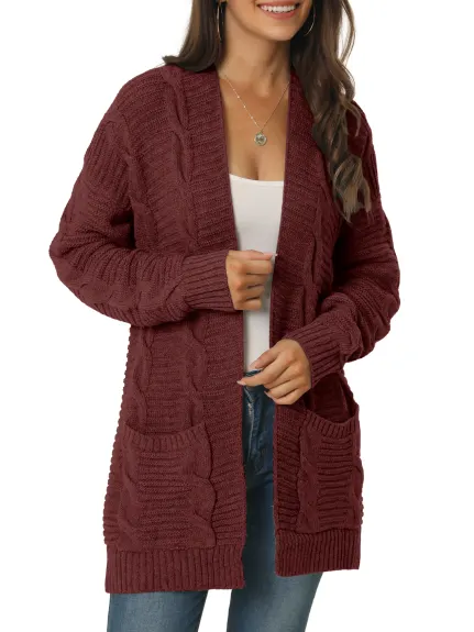 Allegra K- Cardigan pull ouvert sur le devant en tricot torsadé avec poches