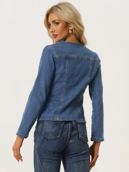 Allegra K- Stretchy Lapel Collar Jean Jackets