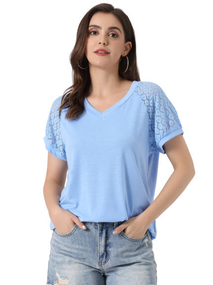 Allegra K - Contrast Lace Short Sleeve Basic T-Shirt