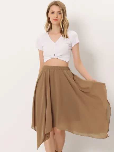 Allegra K- Elastic Waist Chiffon Handkerchief Hem Midi Skirt