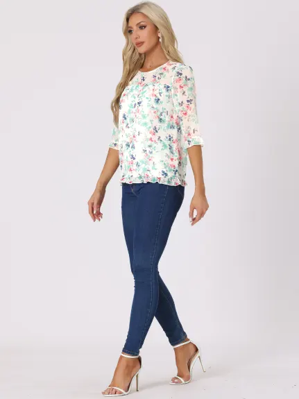 Allegra K- Floral Ruffled 3/4 Sleeve Chiffon Blouses