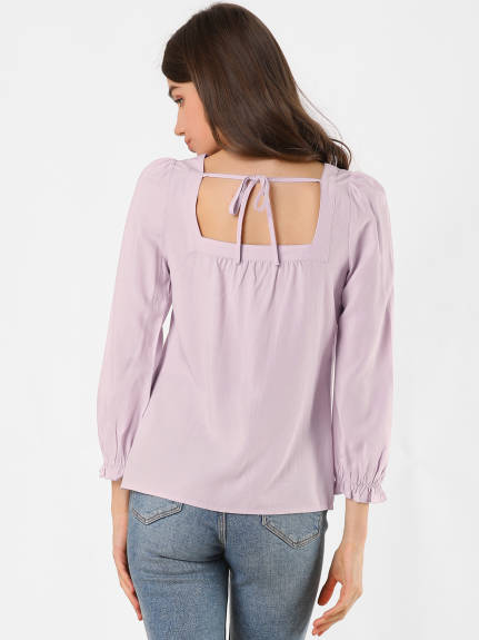 Allegra K - Tie Back Puff Sleeve Square Neck Button Blouse