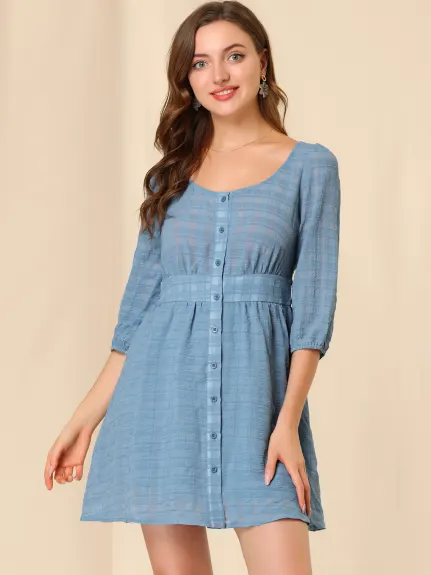 Allegra K- Button Down Tie Waist Textured Checked Dress