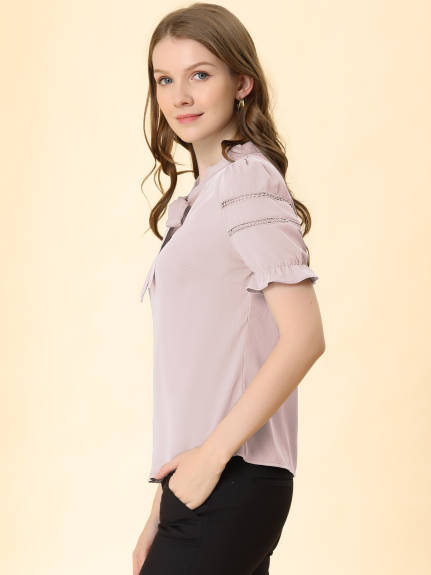 Allegra K- Ruffle Cuff Short Sleeve Bow Tie Collar Top