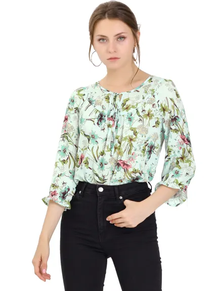 Allegra K- Tie V Neck Ruffled 3/4 Sleeve Floral Blouse