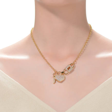 Genevive Sterling Silver 14k Gold Plated with Clear Cubic Zirconia Heart & Padlock Charm Necklace