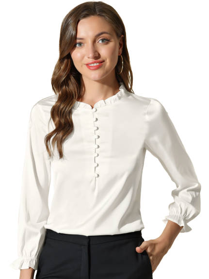 Allegra K- Ruffle Neck Bubble Sleeve Elastic Cuff Blouse