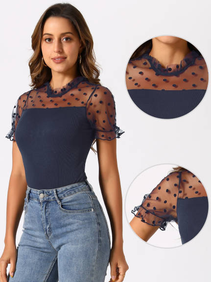 Allegra K - Polka Dots Mesh Short Sleeve Bodysuit