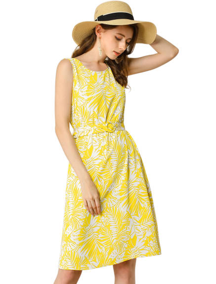 Allegra K- Leaf Pattern Sleeveless Belt Dress