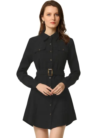 Allegra K- Safari Point Collar Belted Corduroy Shirt Dress