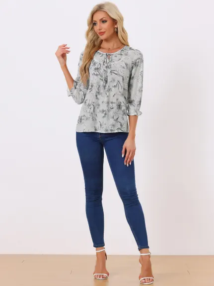 Allegra K- Tie Blouse florale à manches 3/4 et col en V