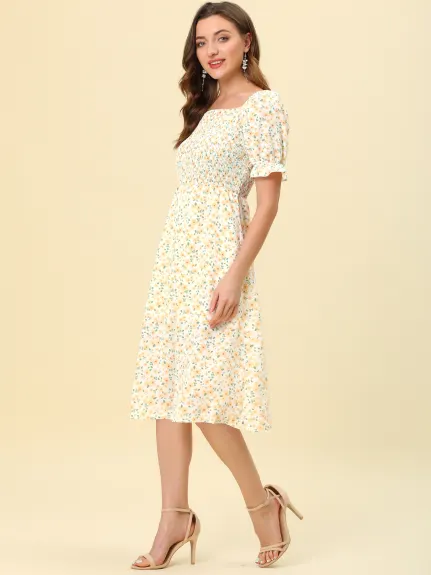 Allegra K- Square Neck Puff Sleeves Midi Smocked Floral Dress