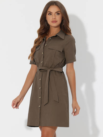 Allegra K- Button Down Safari Pocket Belted Shirt dress