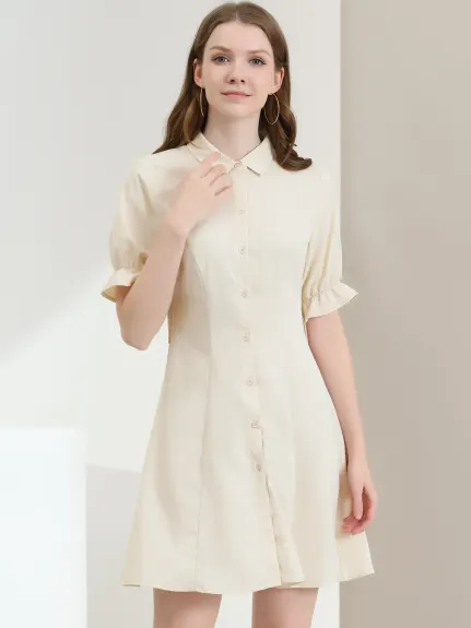 Allegra K- Ruffled Short Sleeve Belted Shirt Dress