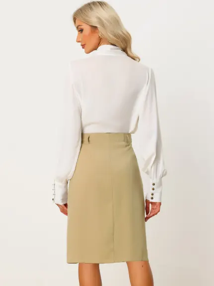 Allegra K- Button Front Belted Work Straight Skirt