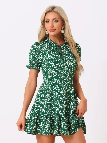 Allegra K- Ruffle Chiffon Tie Neck Puff Short Sleeve Floral Smock Dress