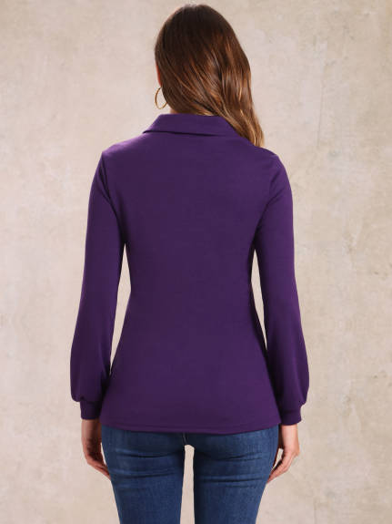 Allegra K - Collared V Neck Long Sleeve Blouse