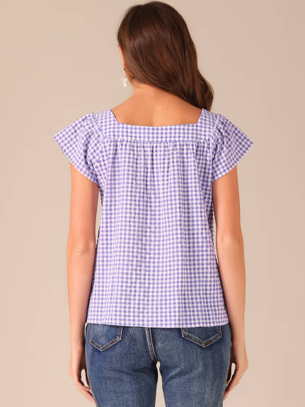 Allegra K- Square Neck Gingham Cap Sleeve Blouse