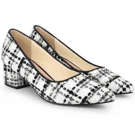 Allegra K - Pointy Toe Tweed Plaid Knitted Printing Block Heel Pump