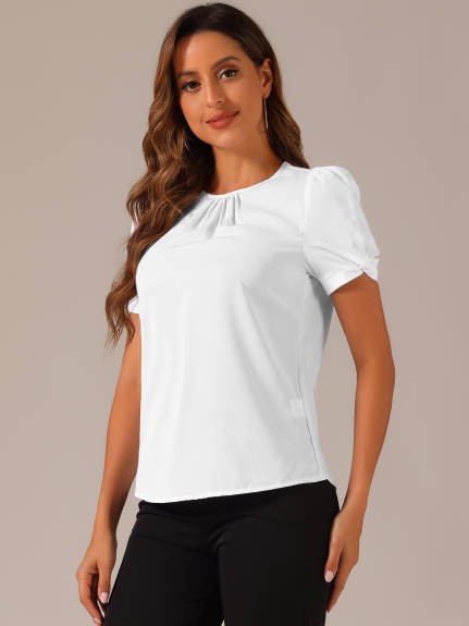 Allegra K- Puff Sleeve Round Pleated Neck Top