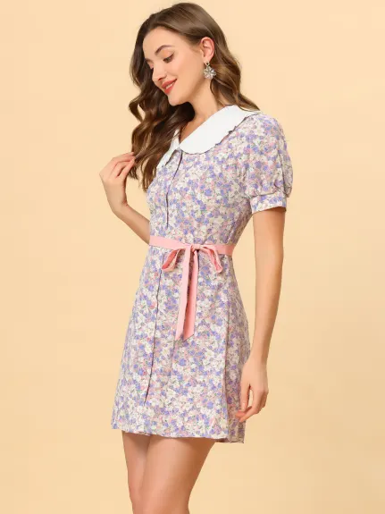 Allegra K- Floral Bow Tie Short Sleeve Shirt Dress