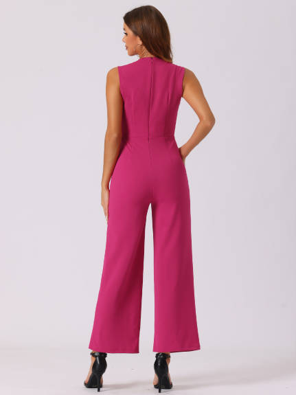 Allegra K - Elegant Wrap V Neck Wide Leg Work Jumpsuit