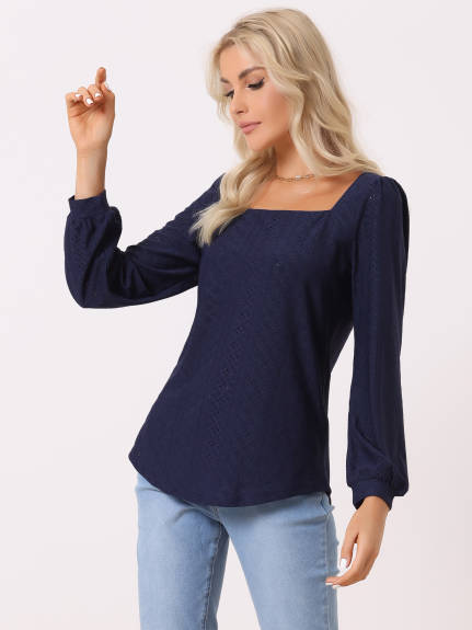 Allegra K- Collar Puff Eyelet Tunic Tops