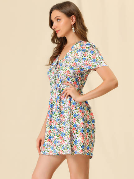 Allegra K- Floral Short Sleeves Flare Dress